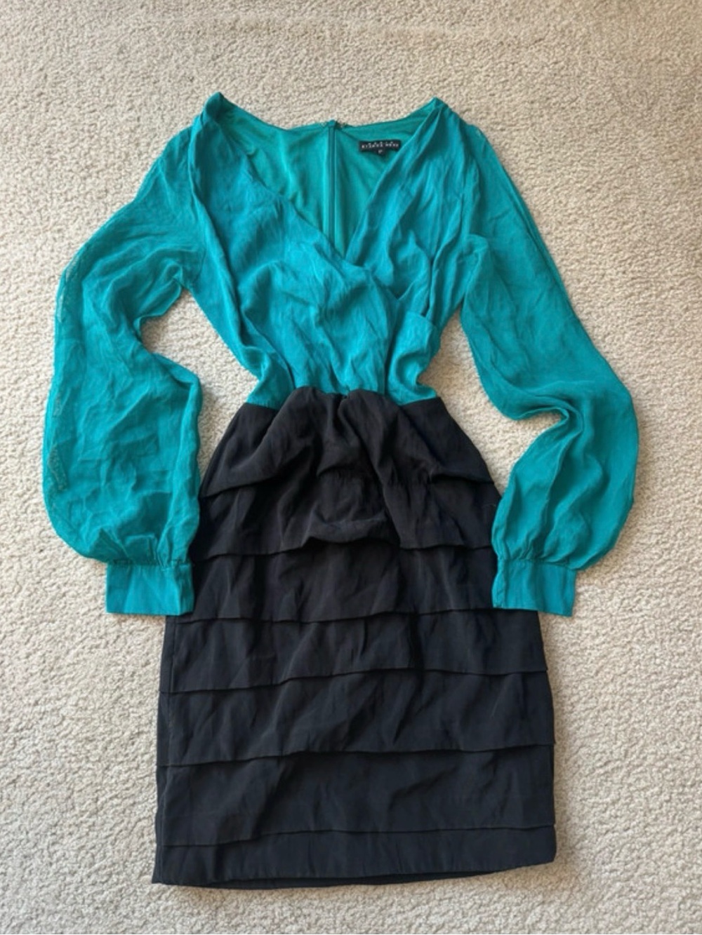 Teal and Black V-Neck Long Sleeve Tiered Dress by maria- business classy